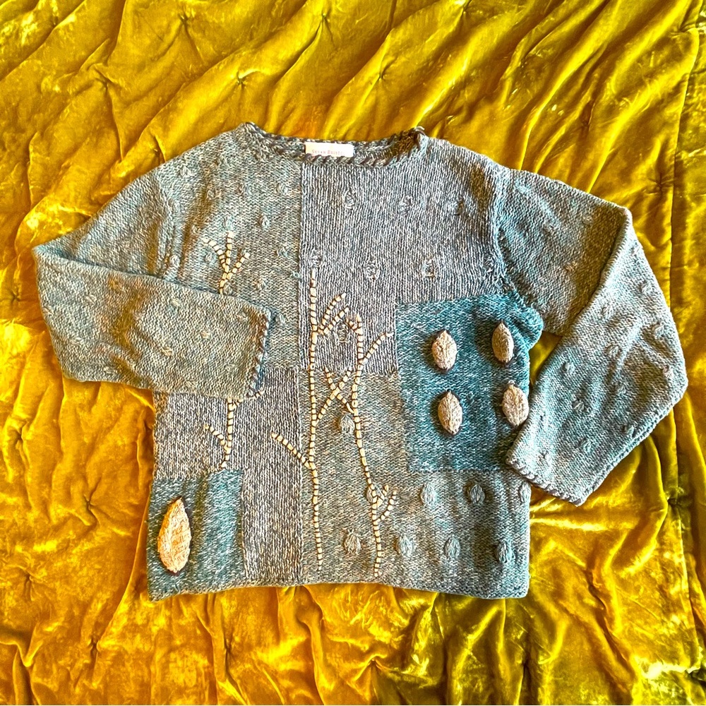 Vintage chunky Handmade knit embroidered sweater with tree and leaf design xl